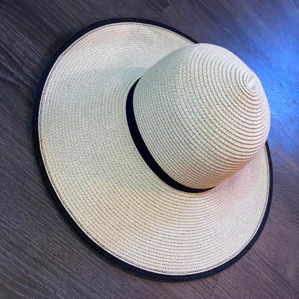 Women’s Wide Brim Straw Sun Hat Beige Black One Size <3